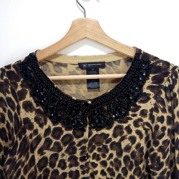 INC International Concepts Angora Blend Leopard Print Cardy with Beaded Collar - Picture 2 of 9